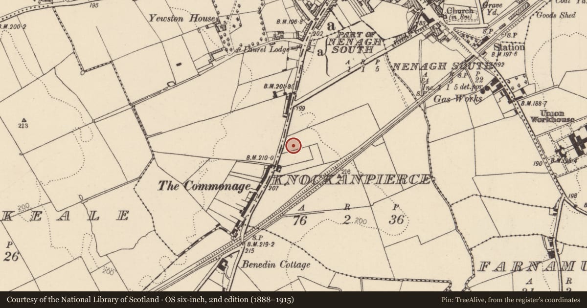 Ordnance Survey six-inch map, 2nd edition (1888–1915) covering the location of Barrow - ring-barrow, Knockanpierce, County Tipperary North, with a pin at the register's coordinates