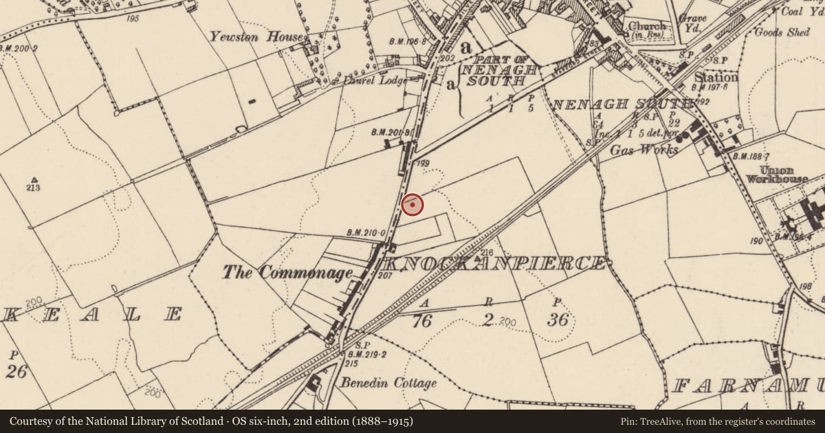 Ordnance Survey six-inch map, 2nd edition (1888–1915) covering the location of Barrow - ring-barrow, Knockanpierce, County Tipperary North, with a pin at the register's coordinates