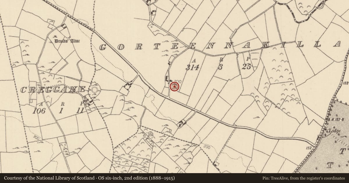 Ordnance Survey six-inch map, 2nd edition (1888–1915) covering the location of Children's burial ground, Gorteennakilla, County Tipperary North, with a pin at the register's coordinates