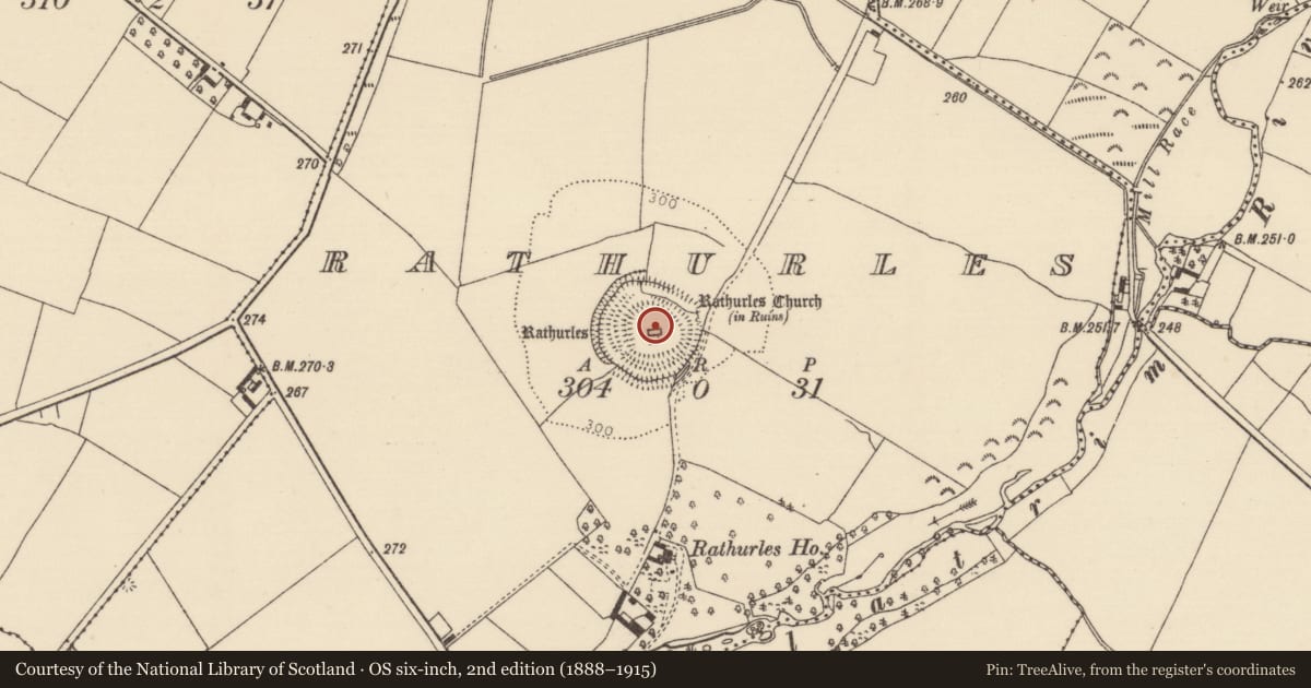 Ordnance Survey six-inch map, 2nd edition (1888–1915) covering the location of Church, Rathurles, County Tipperary North, with a pin at the register's coordinates