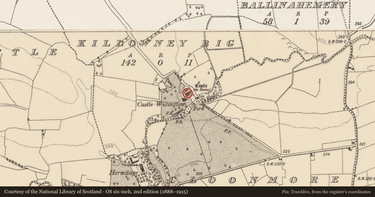 Ordnance Survey six-inch map, 2nd edition (1888–1915) covering the location of Castle - tower house, Killowney Big, County Tipperary North, with a pin at the register's coordinates