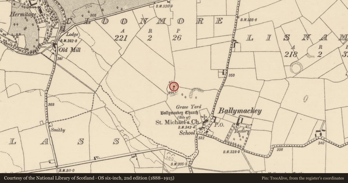 Ordnance Survey six-inch map, 2nd edition (1888–1915) covering the location of Ringfort - rath, Cloonmore, County Tipperary North, with a pin at the register's coordinates