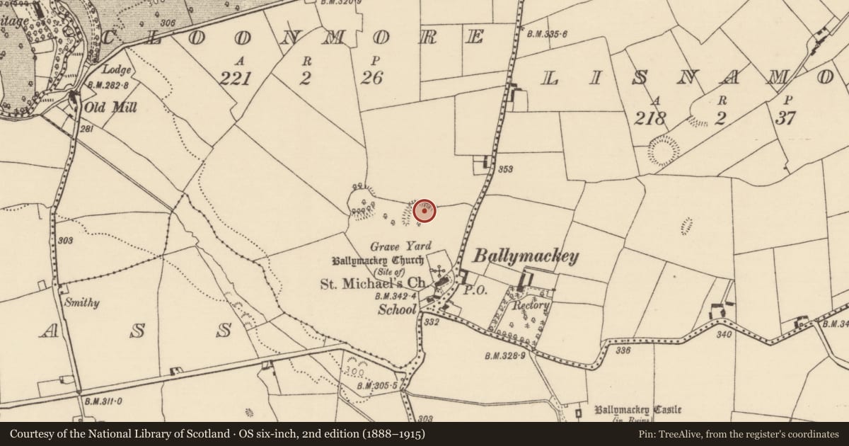 Ordnance Survey six-inch map, 2nd edition (1888–1915) covering the location of Ringfort - rath, Cloonmore, County Tipperary North, with a pin at the register's coordinates
