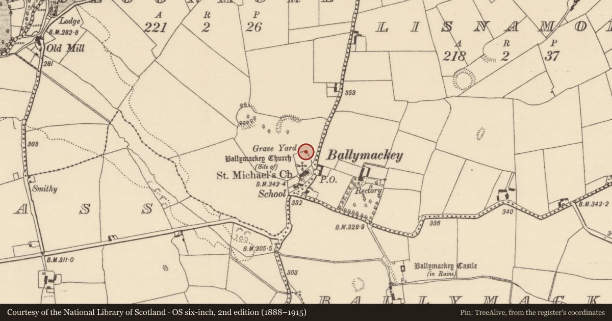 Ordnance Survey six-inch map, 2nd edition (1888–1915) covering the location of Graveyard, Cloonmore, County Tipperary North, with a pin at the register's coordinates