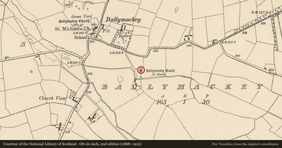 Ordnance Survey six-inch map, 2nd edition (1888–1915) covering the location of Castle - tower house, Ballymackey, County Tipperary North, with a pin at the register's coordinates