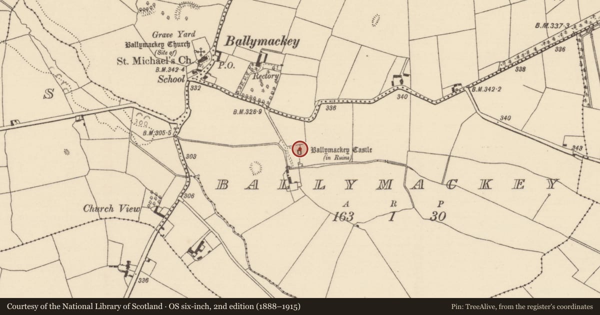 Ordnance Survey six-inch map, 2nd edition (1888–1915) covering the location of House - indeterminate date, Ballymackey, County Tipperary North, with a pin at the register's coordinates