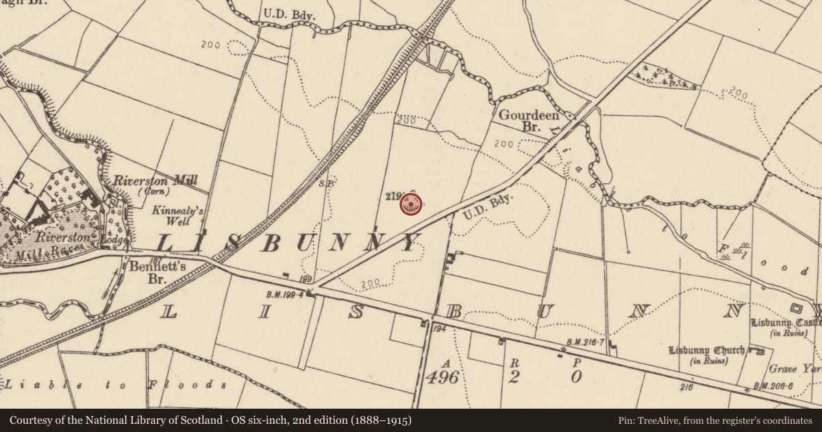 Ordnance Survey six-inch map, 2nd edition (1888–1915) covering the location of Enclosure, Lisbunny, County Tipperary North, with a pin at the register's coordinates