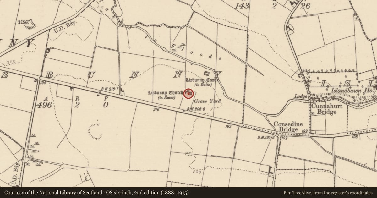 Ordnance Survey six-inch map, 2nd edition (1888–1915) covering the location of Church, Lisbunny, County Tipperary North, with a pin at the register's coordinates