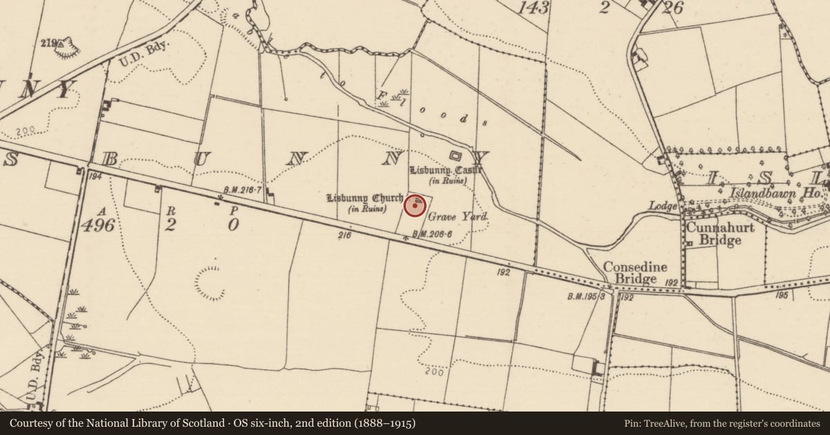 Ordnance Survey six-inch map, 2nd edition (1888–1915) covering the location of Graveyard, Lisbunny, County Tipperary North, with a pin at the register's coordinates