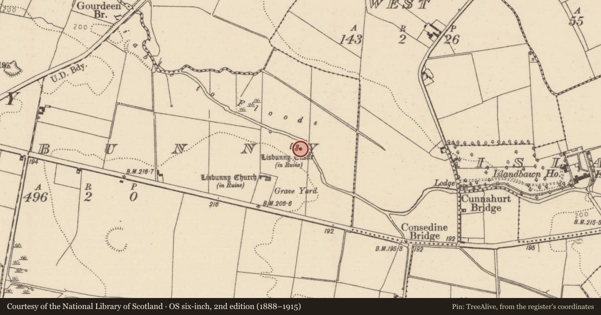 Ordnance Survey six-inch map, 2nd edition (1888–1915) covering the location of Mound, Lisbunny, County Tipperary North, with a pin at the register's coordinates