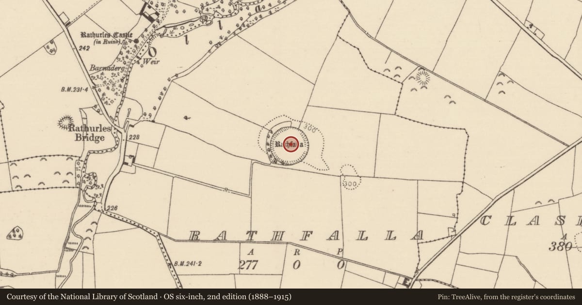 Ordnance Survey six-inch map, 2nd edition (1888–1915) covering the location of Ringfort - rath, Rathfalla, County Tipperary North, with a pin at the register's coordinates
