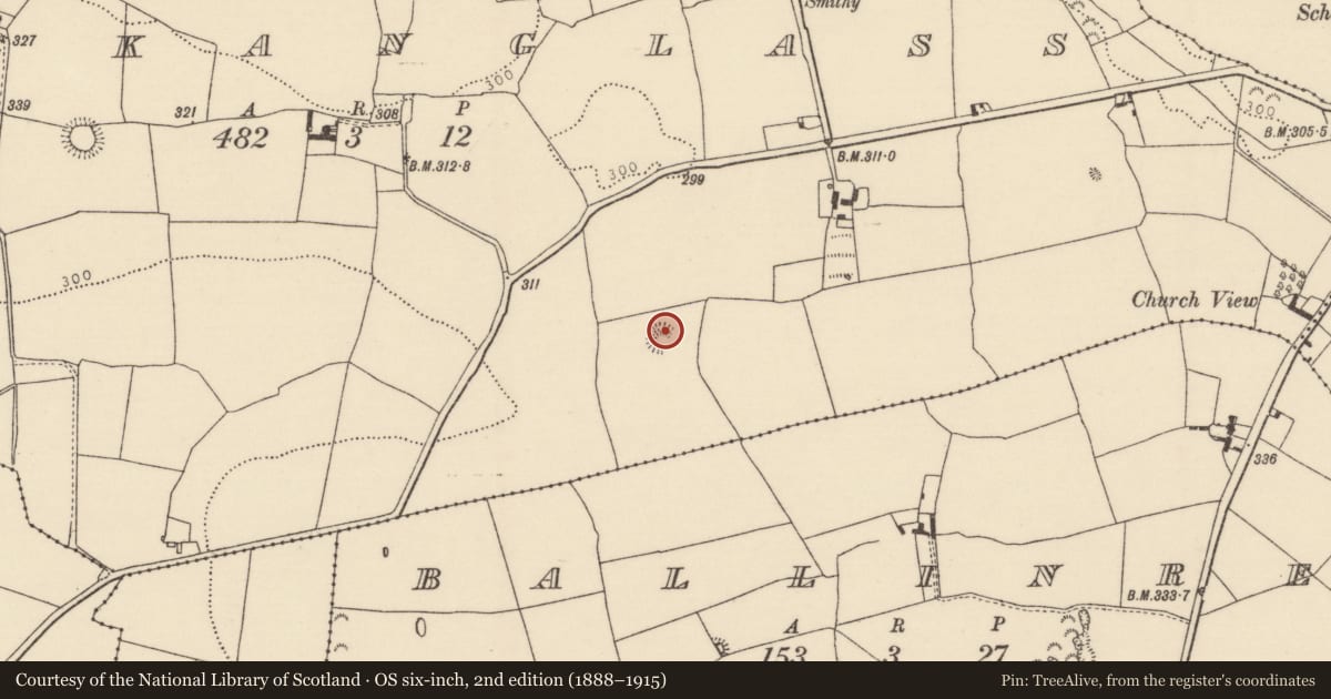 Ordnance Survey six-inch map, 2nd edition (1888–1915) covering the location of Ringfort - rath, Knockanglass (Ballymackey Par.), County Tipperary North, with a pin at the register's coordinates