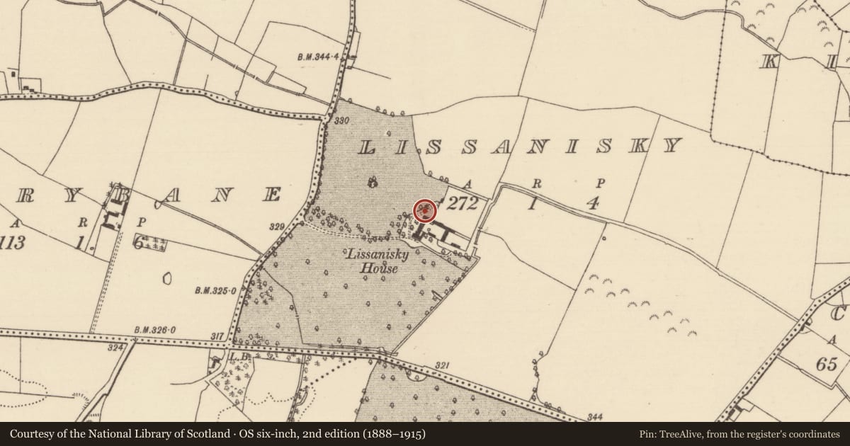 Ordnance Survey six-inch map, 2nd edition (1888–1915) covering the location of House - indeterminate date, Lissanisky, County Tipperary North, with a pin at the register's coordinates