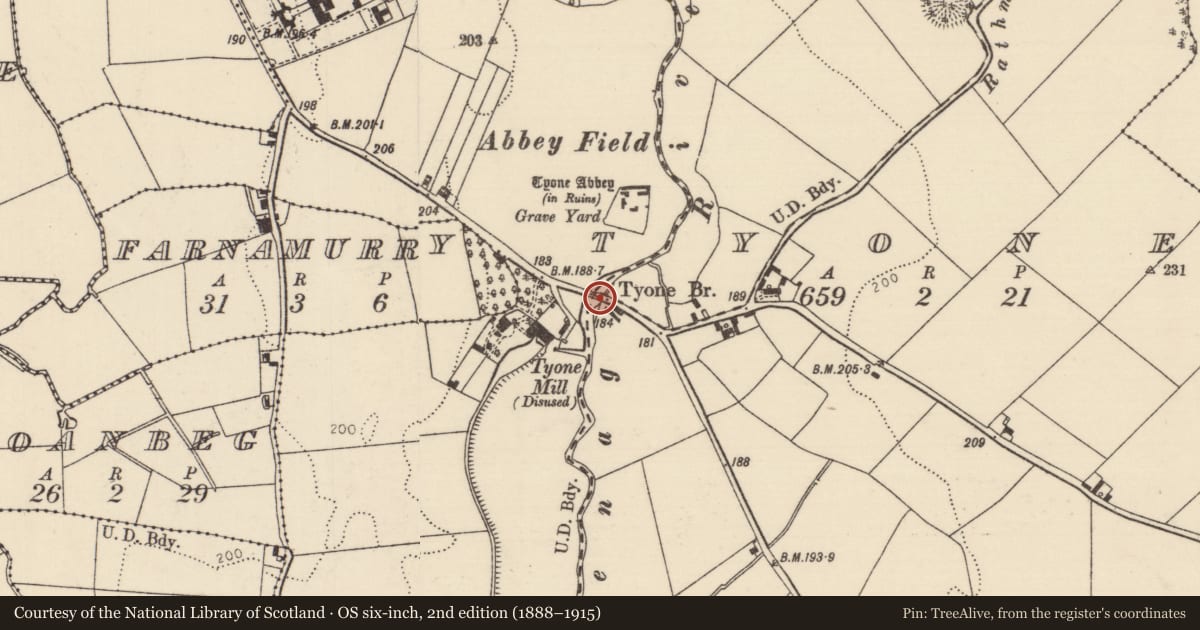 Ordnance Survey six-inch map, 2nd edition (1888–1915) covering the location of Bridge, County Tipperary North, with a pin at the register's coordinates