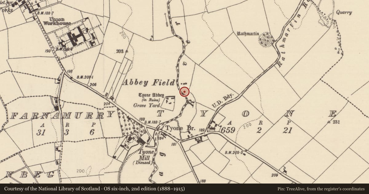 Ordnance Survey six-inch map, 2nd edition (1888–1915) covering the location of Weir - regulating, Tyone (Lisbunny Par.), County Tipperary North, with a pin at the register's coordinates