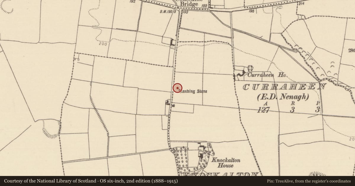 Ordnance Survey six-inch map, 2nd edition (1888–1915) covering the location of Standing stone, Knockalton Lower, County Tipperary North, with a pin at the register's coordinates