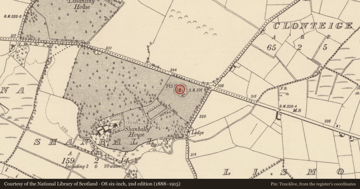 Ordnance Survey six-inch map, 2nd edition (1888–1915) covering the location of Mound, Shanbally (Ballymackey Par.), County Tipperary North, with a pin at the register's coordinates