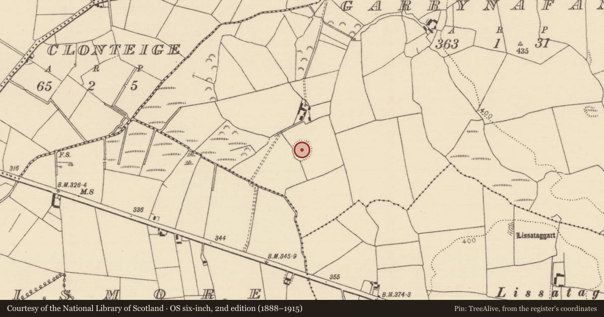 Ordnance Survey six-inch map, 2nd edition (1888–1915) covering the location of Enclosure, Garrynafana, County Tipperary North, with a pin at the register's coordinates