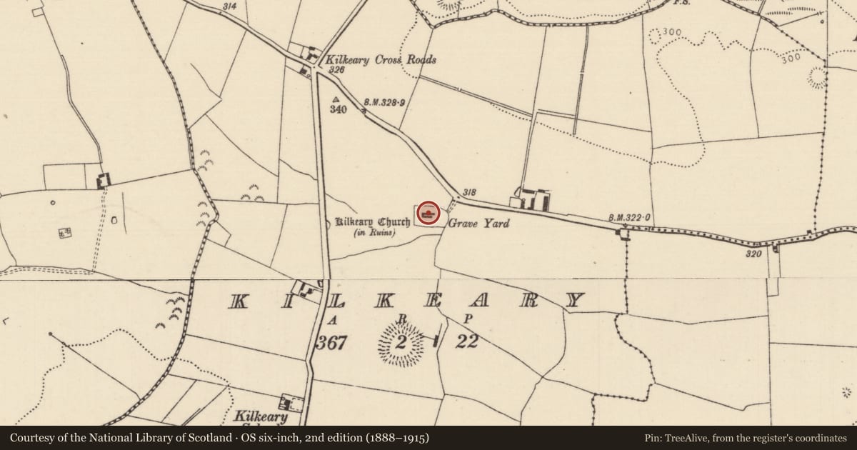 Ordnance Survey six-inch map, 2nd edition (1888–1915) covering the location of Church, Kilkeary, County Tipperary North, with a pin at the register's coordinates