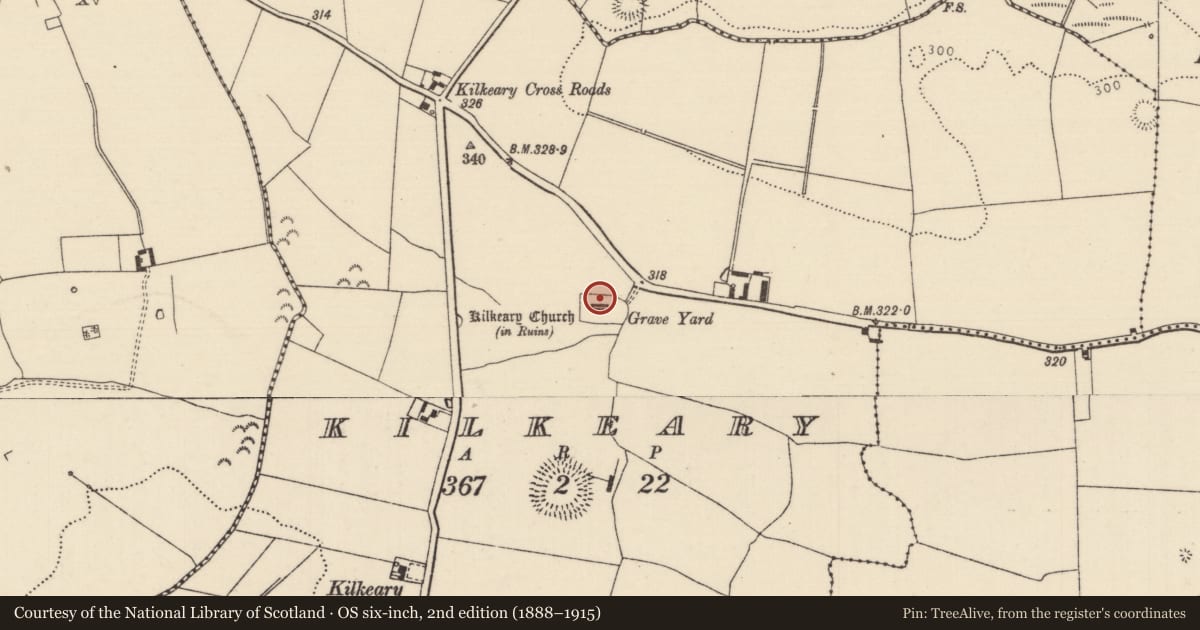 Ordnance Survey six-inch map, 2nd edition (1888–1915) covering the location of Graveyard, Kilkeary, County Tipperary North, with a pin at the register's coordinates