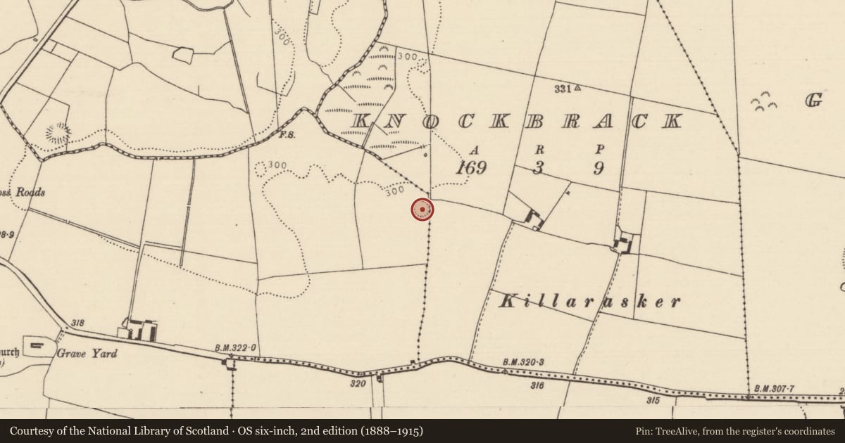 Ordnance Survey six-inch map, 2nd edition (1888–1915) covering the location of Ringfort - rath, Kilkeary, Knockbrack (Kilkeary Par.), County Tipperary North, with a pin at the register's coordinates