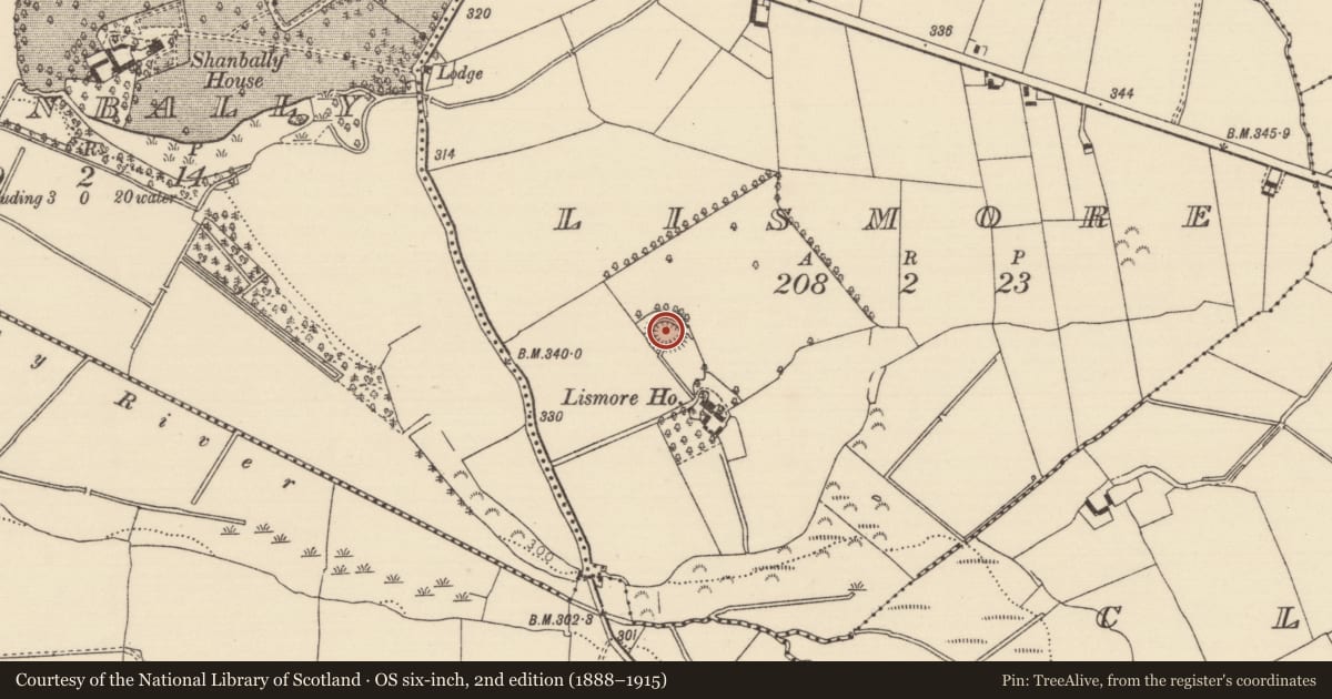 Ordnance Survey six-inch map, 2nd edition (1888–1915) covering the location of Enclosure, Lismore, County Tipperary North, with a pin at the register's coordinates