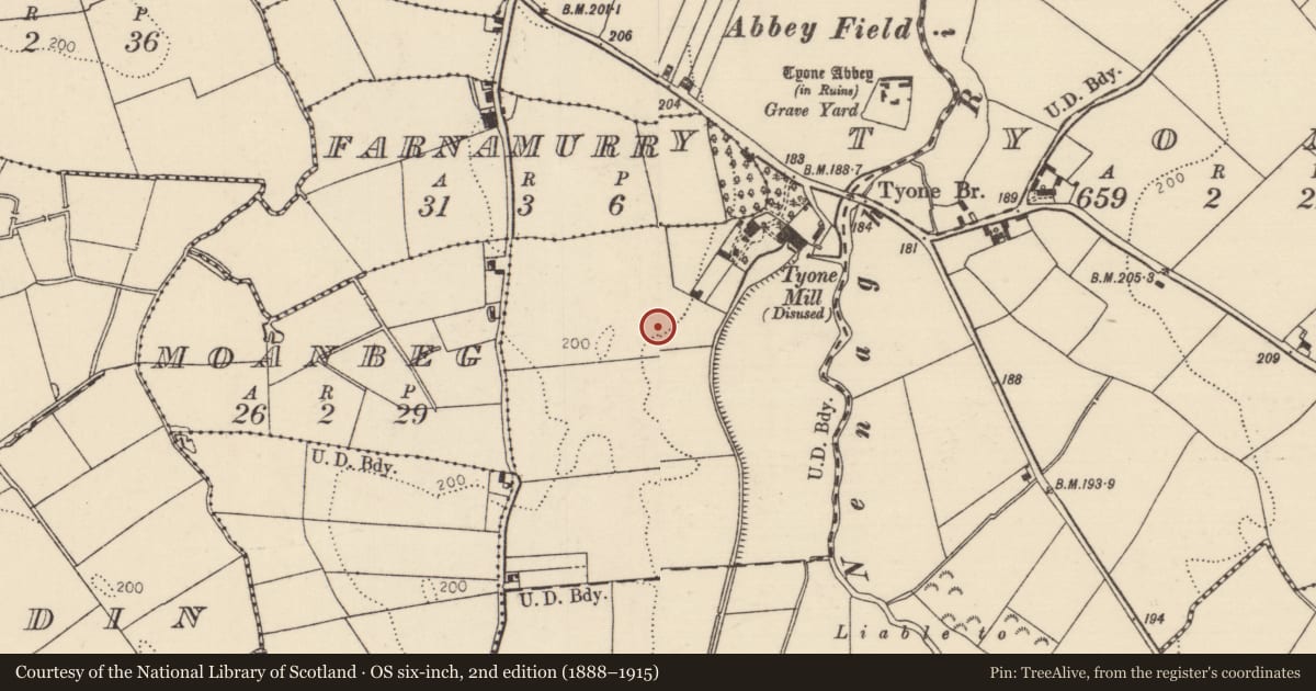 Ordnance Survey six-inch map, 2nd edition (1888–1915) covering the location of Burnt spread, Tyone (Lisbunny Par.), County Tipperary North, with a pin at the register's coordinates