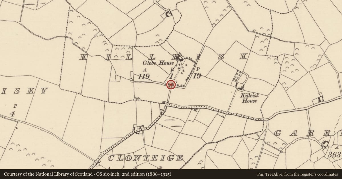 Ordnance Survey six-inch map, 2nd edition (1888–1915) covering the location of Gateway, Killeisk, County Tipperary North, with a pin at the register's coordinates