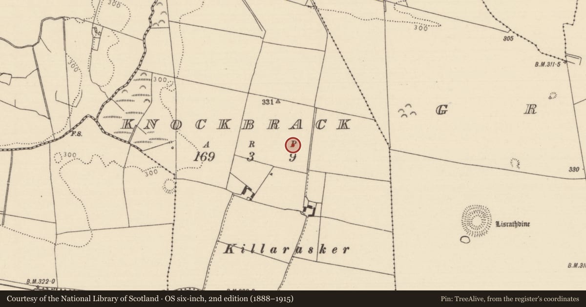 Ordnance Survey six-inch map, 2nd edition (1888–1915) covering the location of Earthwork, Knockbrack (Kilkeary Par.), County Tipperary North, with a pin at the register's coordinates