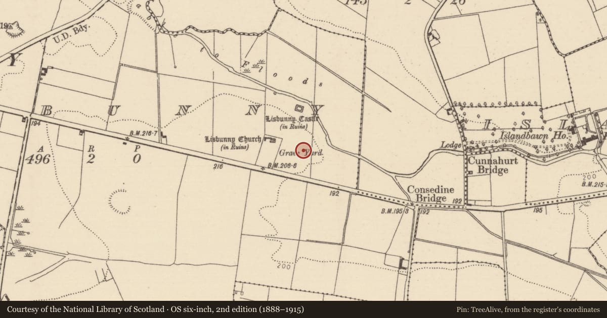Ordnance Survey six-inch map, 2nd edition (1888–1915) covering the location of Enclosure, Lisbunny, County Tipperary North, with a pin at the register's coordinates