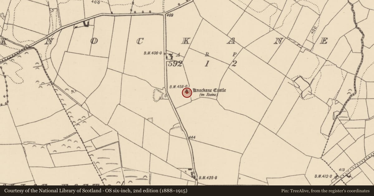 Ordnance Survey six-inch map, 2nd edition (1888–1915) covering the location of Castle - tower house, Knockane (Templedowney Par.), County Tipperary North, with a pin at the register's coordinates