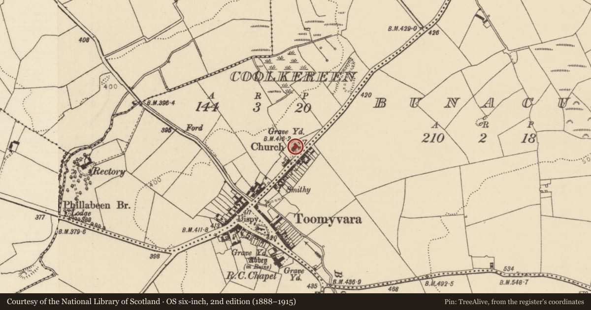 Ordnance Survey six-inch map, 2nd edition (1888–1915) covering the location of Church, Coolkereen, County Tipperary North, with a pin at the register's coordinates