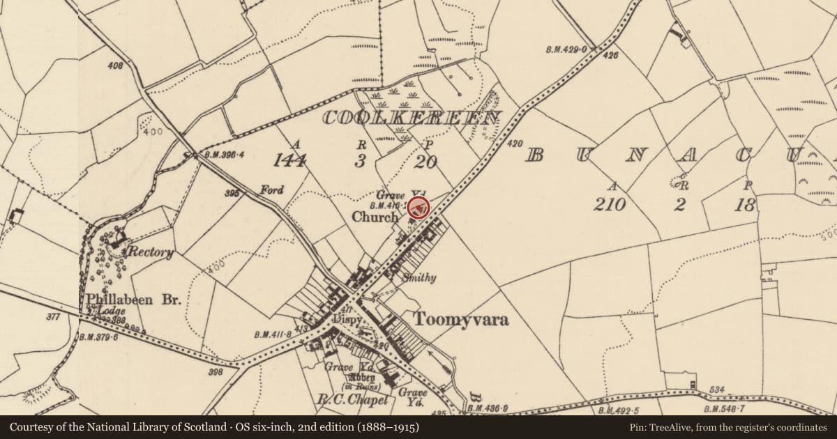 Ordnance Survey six-inch map, 2nd edition (1888–1915) covering the location of Graveyard, Bunacum, Castlequarter (Aghameadle Par.), County Tipperary North, with a pin at the register's coordinates