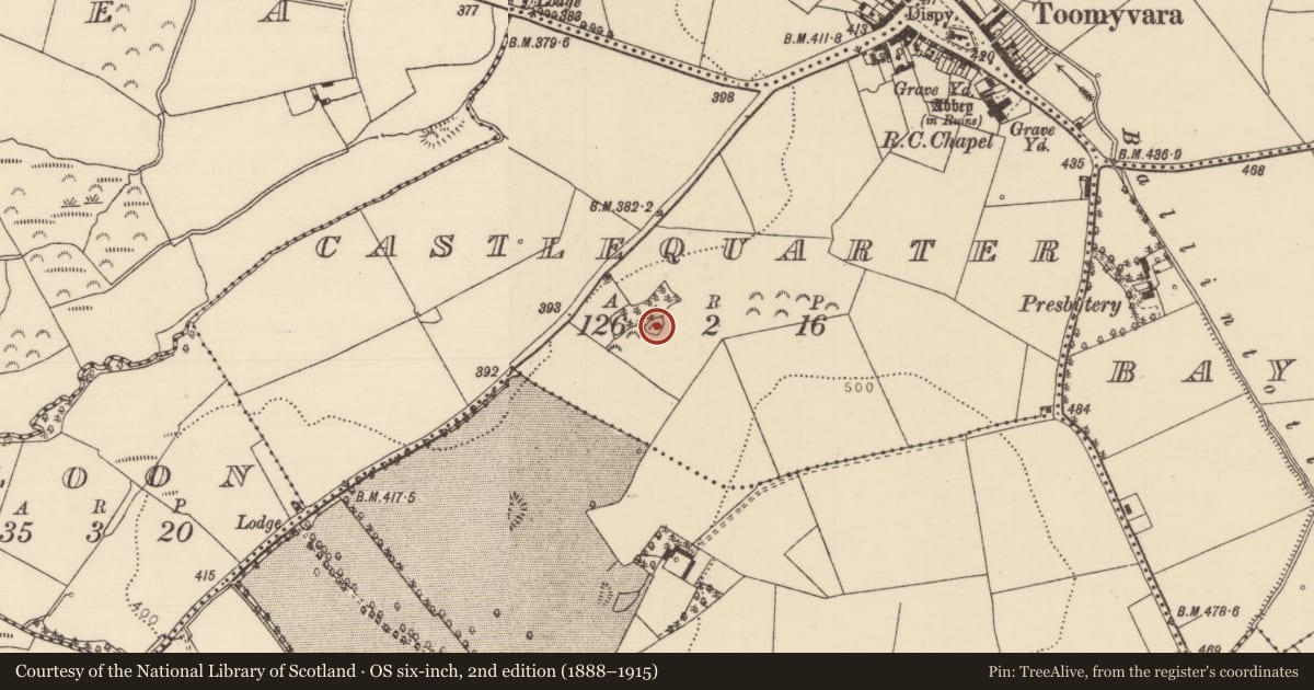 Ordnance Survey six-inch map, 2nd edition (1888–1915) covering the location of Mound, Castlequarter (Aghameadle Par.), County Tipperary North, with a pin at the register's coordinates
