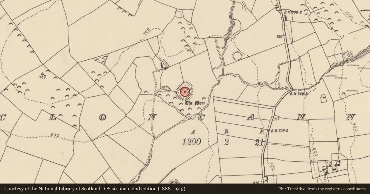 Ordnance Survey six-inch map, 2nd edition (1888–1915) covering the location of Castle - motte, Cloncannon, County Tipperary North, with a pin at the register's coordinates