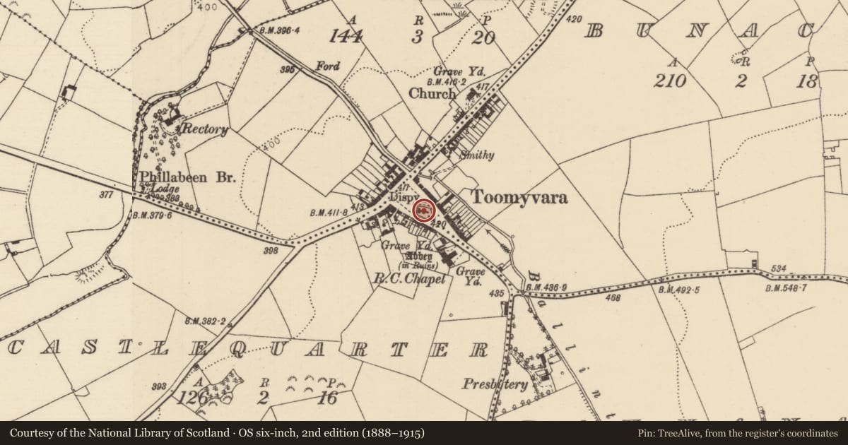 Ordnance Survey six-inch map, 2nd edition (1888–1915) covering the location of Church, Bunacum, Castlequarter (Aghameadle Par.), County Tipperary North, with a pin at the register's coordinates