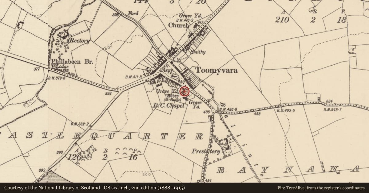 Ordnance Survey six-inch map, 2nd edition (1888–1915) covering the location of Religious house - Augustinian friars, Castlequarter (Aghameadle Par.), County Tipperary North, with a pin at the register's coordinates