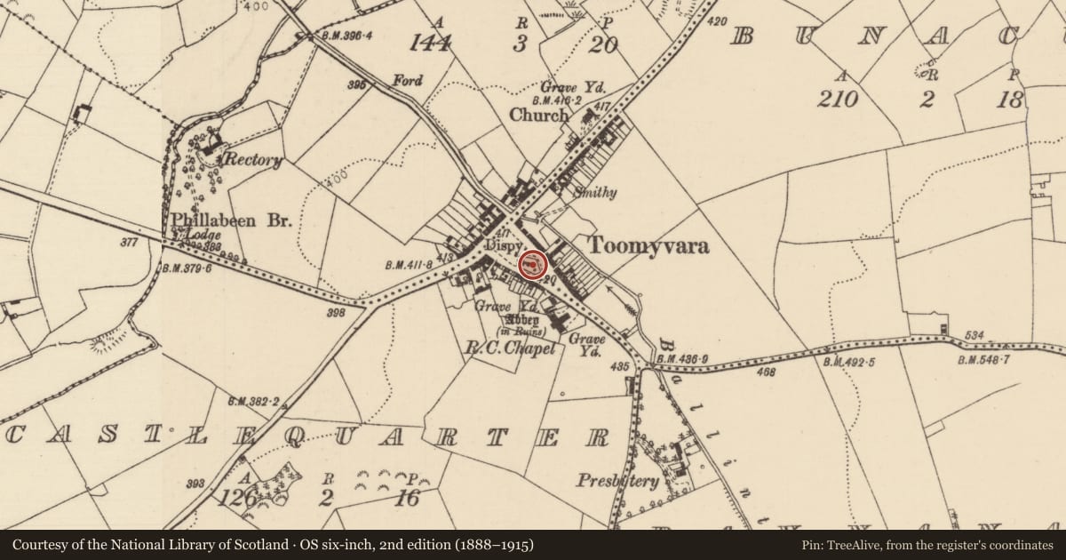 Ordnance Survey six-inch map, 2nd edition (1888–1915) covering the location of Graveyard, Bunacum, Castlequarter (Aghameadle Par.), County Tipperary North, with a pin at the register's coordinates