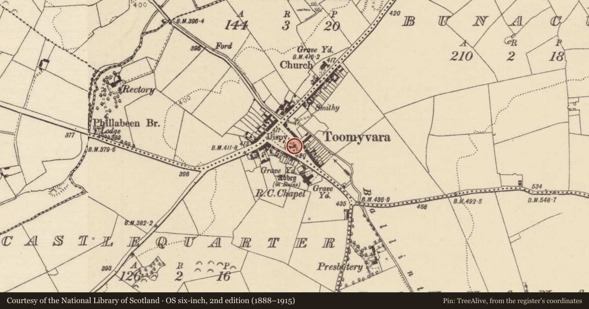 Ordnance Survey six-inch map, 2nd edition (1888–1915) covering the location of Cross-slab, Bunacum, Castlequarter (Aghameadle Par.), County Tipperary North, with a pin at the register's coordinates