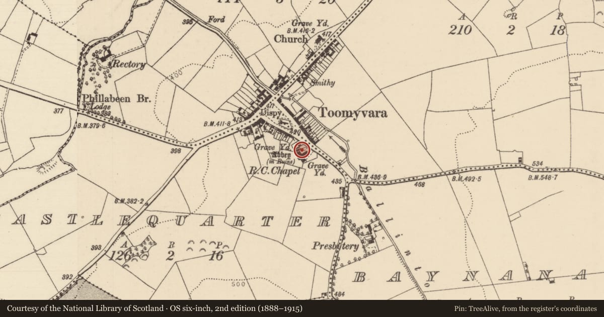 Ordnance Survey six-inch map, 2nd edition (1888–1915) covering the location of Tomb - effigial, Castlequarter (Aghameadle Par.), Bunacum, County Tipperary North, with a pin at the register's coordinates