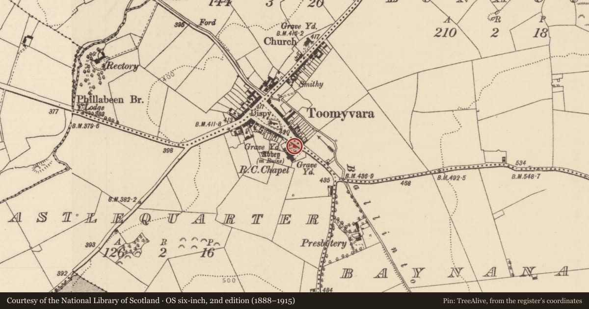 Ordnance Survey six-inch map, 2nd edition (1888–1915) covering the location of Font, Bunacum, Castlequarter (Aghameadle Par.), County Tipperary North, with a pin at the register's coordinates