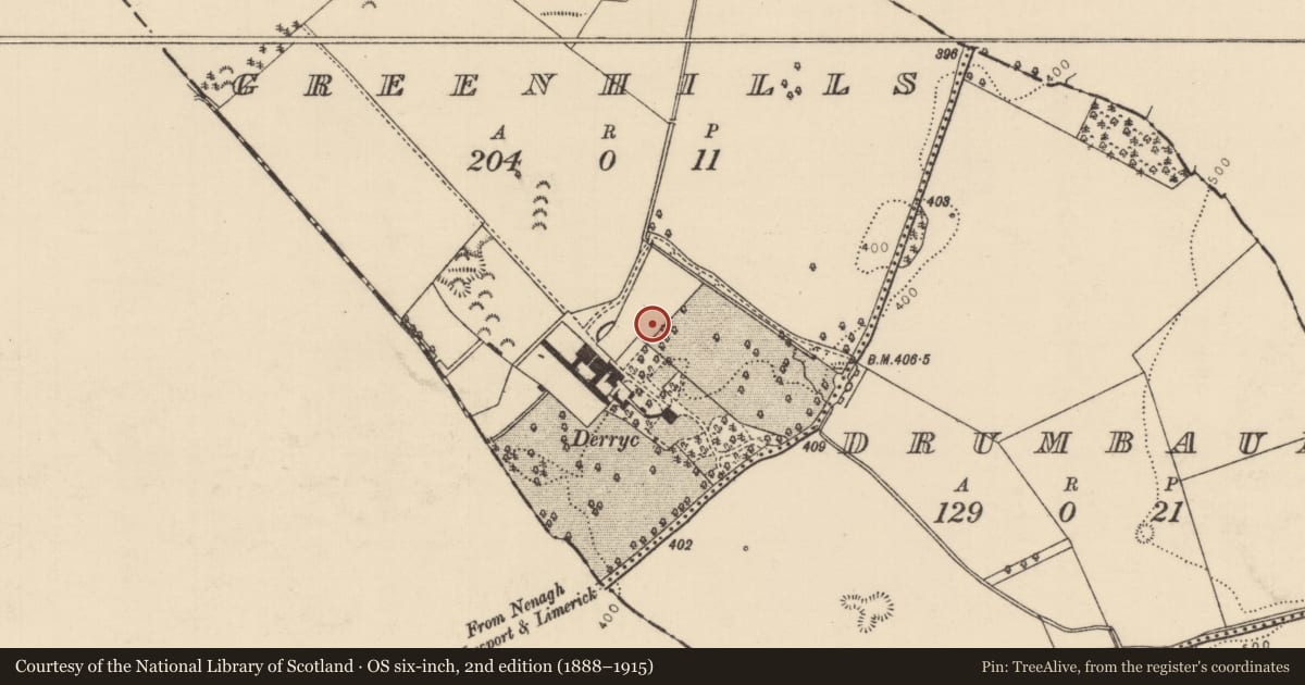 Ordnance Survey six-inch map, 2nd edition (1888–1915) covering the location of Burnt mound, Greenhills (Cullenwaine Par.), County Tipperary North, with a pin at the register's coordinates