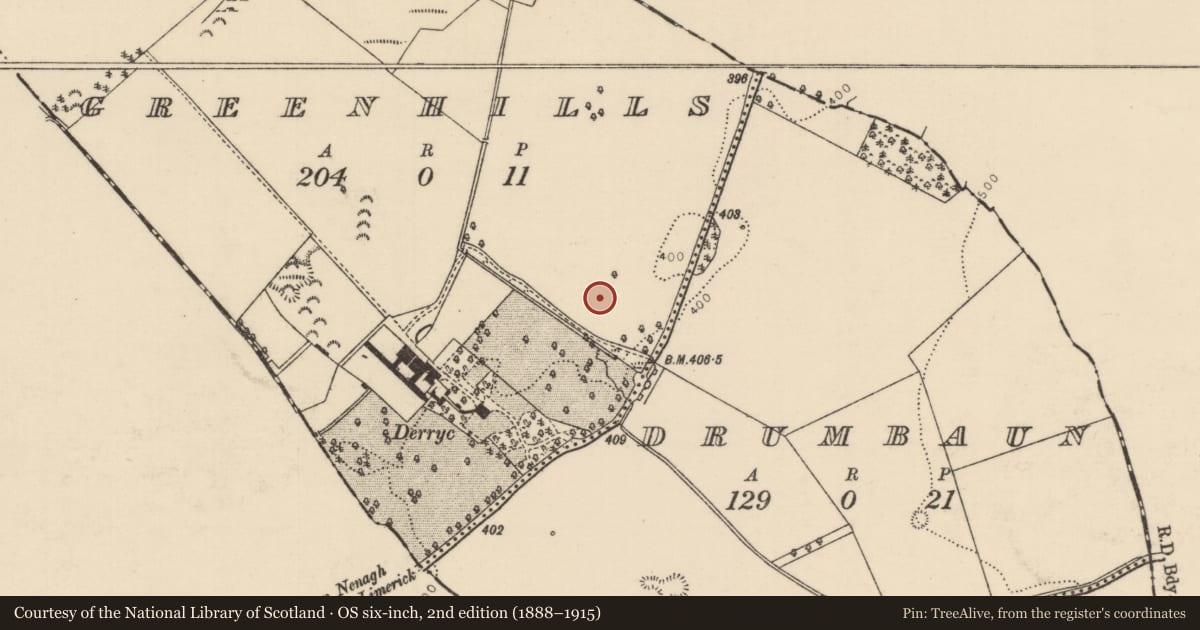 Ordnance Survey six-inch map, 2nd edition (1888–1915) covering the location of Burnt mound, Greenhills (Cullenwaine Par.), County Tipperary North, with a pin at the register's coordinates