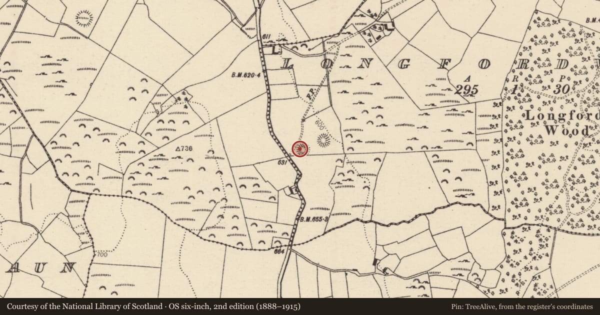 Ordnance Survey six-inch map, 2nd edition (1888–1915) covering the location of Enclosure, Longford Wood, County Tipperary North, with a pin at the register's coordinates