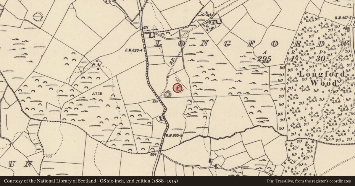 Ordnance Survey six-inch map, 2nd edition (1888–1915) covering the location of Enclosure, Longford Wood, County Tipperary North, with a pin at the register's coordinates