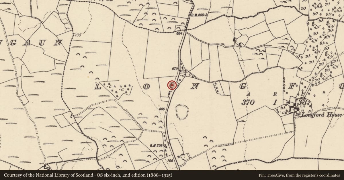 Ordnance Survey six-inch map, 2nd edition (1888–1915) covering the location of Ringfort - rath, Longford (Bourney Par.), County Tipperary North, with a pin at the register's coordinates