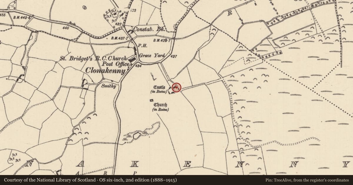 Ordnance Survey six-inch map, 2nd edition (1888–1915) covering the location of House - fortified house, Clonakenny, County Tipperary North, with a pin at the register's coordinates