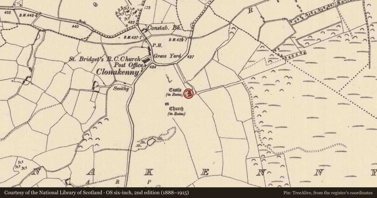 Ordnance Survey six-inch map, 2nd edition (1888–1915) covering the location of Bawn, Clonakenny, County Tipperary North, with a pin at the register's coordinates
