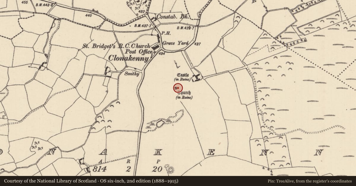 Ordnance Survey six-inch map, 2nd edition (1888–1915) covering the location of Church, Clonakenny, County Tipperary North, with a pin at the register's coordinates