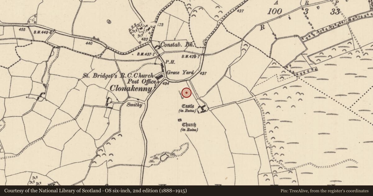 Ordnance Survey six-inch map, 2nd edition (1888–1915) covering the location of Moated site, Clonakenny, County Tipperary North, with a pin at the register's coordinates